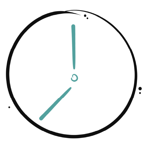 Stylized wall clock with thick dark rim; cyan hands form an exclamation point—one short hand pointing up, one angled down-left—set against a solid black background with faint rim dots.