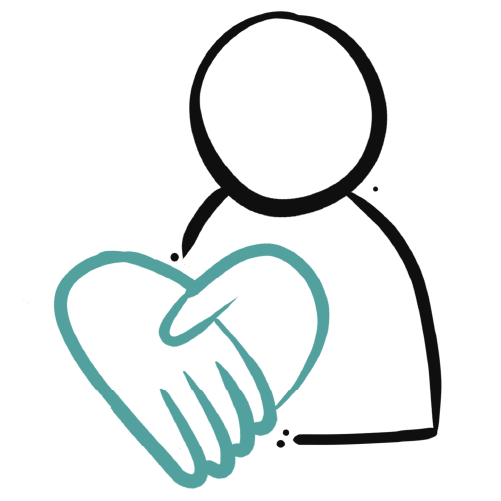 A teal heart formed by two clasped hands is held by a simple black outline of a person against a plain black background.