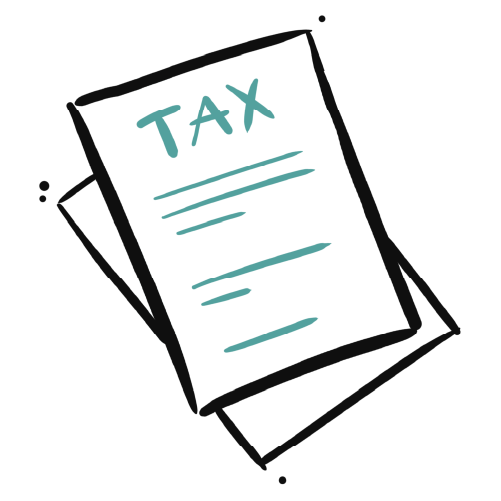 Document labeled TAX rests atop another document, displaying a teal "TAX" heading and teal horizontal lines suggesting text on a black background.