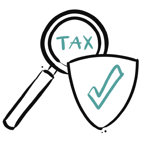 Magnifying glass labeled TAX examines a shield; shield displays a checkmark, suggesting verification or compliance, against a dark background.