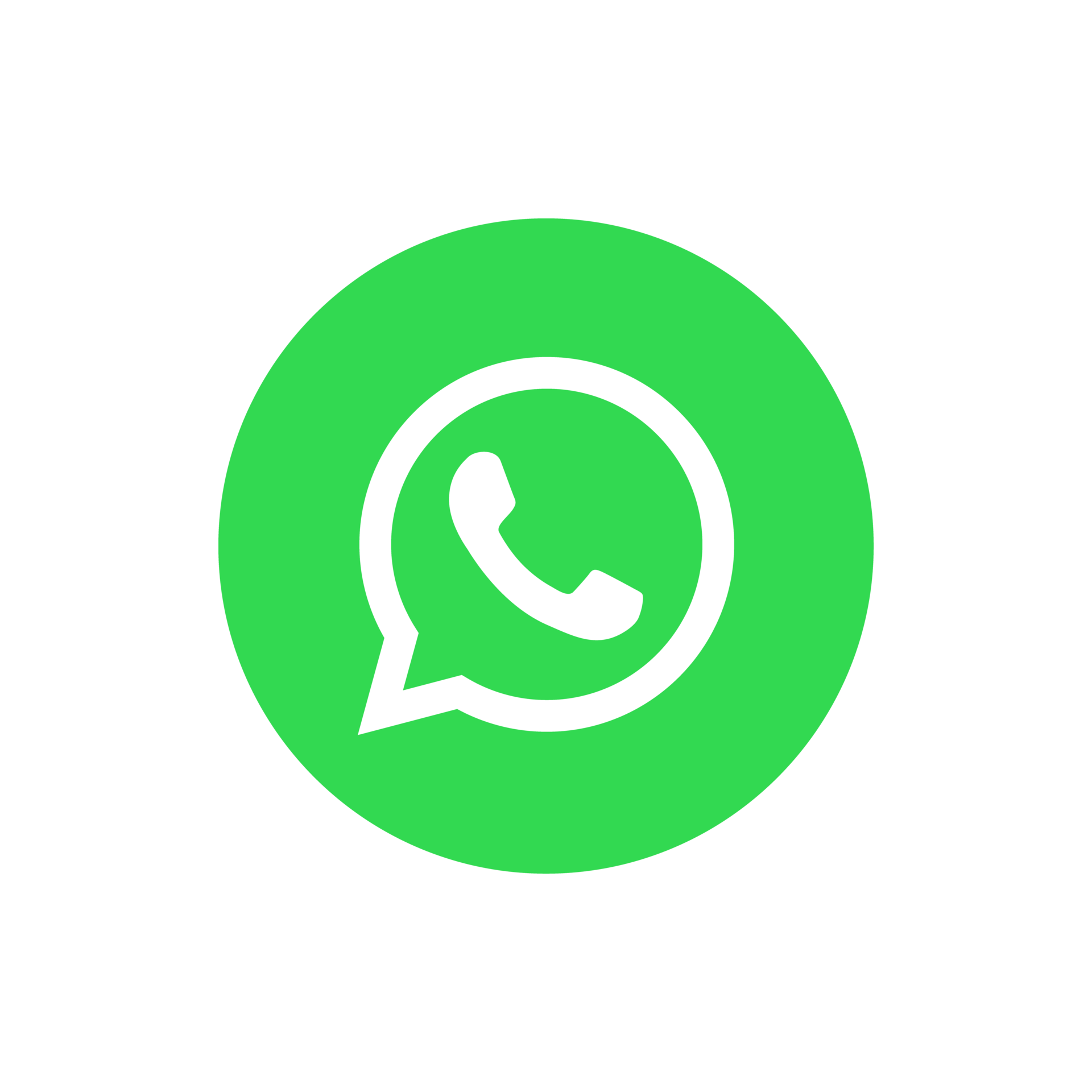WhatsApp logo peeking upward, cropped large at the bottom; white telephone handset inside a speech-bubble circle on bright green disk against a solid black background.